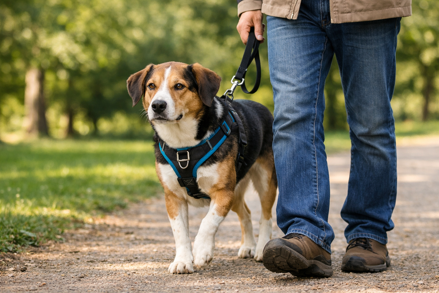 chien qui tire en laisse pendant une promenade