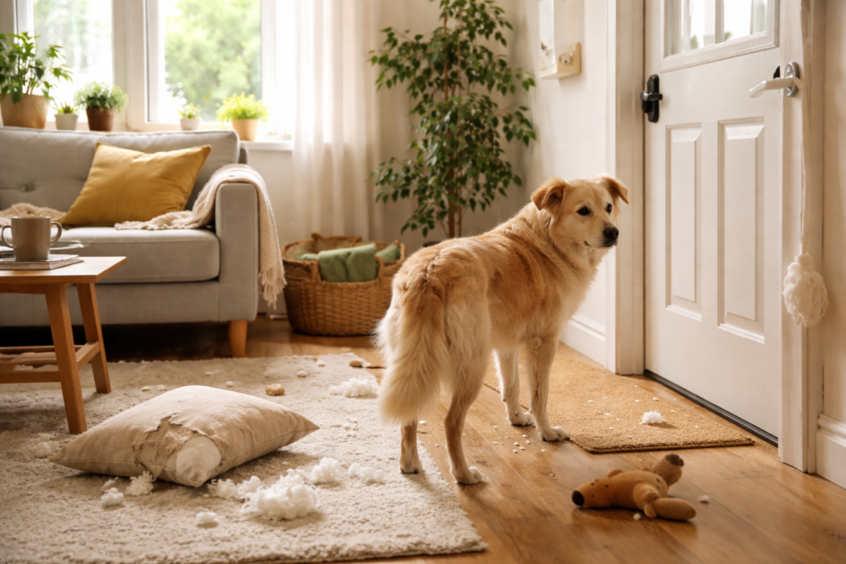 Chien qui détruit des coussins quand il est seul à la maison