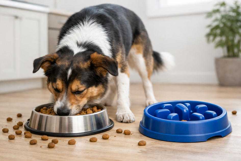 Chien mangeant très rapidement dans une gamelle, illustrant le sujet “mon chien mange trop vite”
