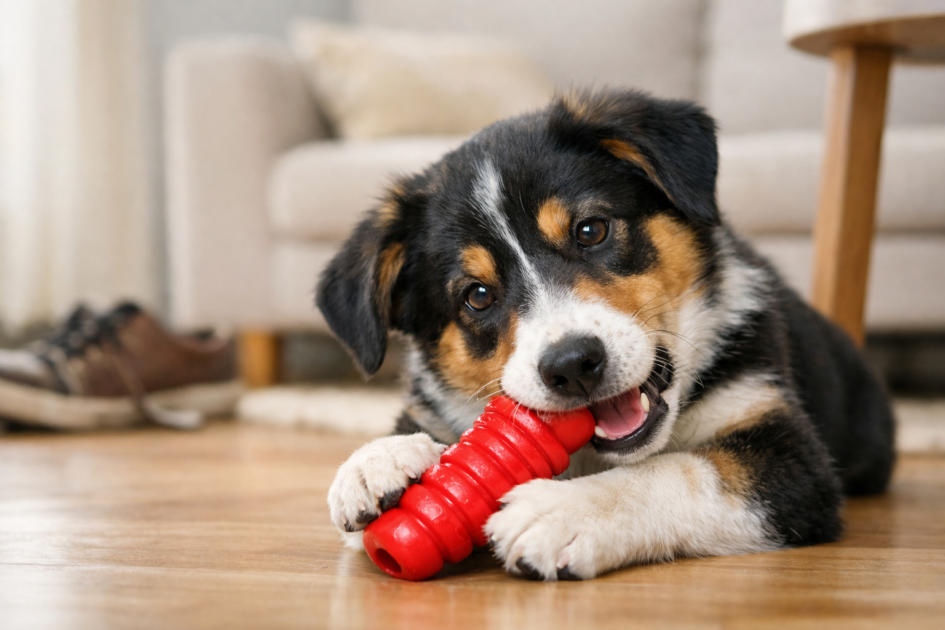 Chien qui mordille un objet, illustrant le comportement “mon chien mordille tout”