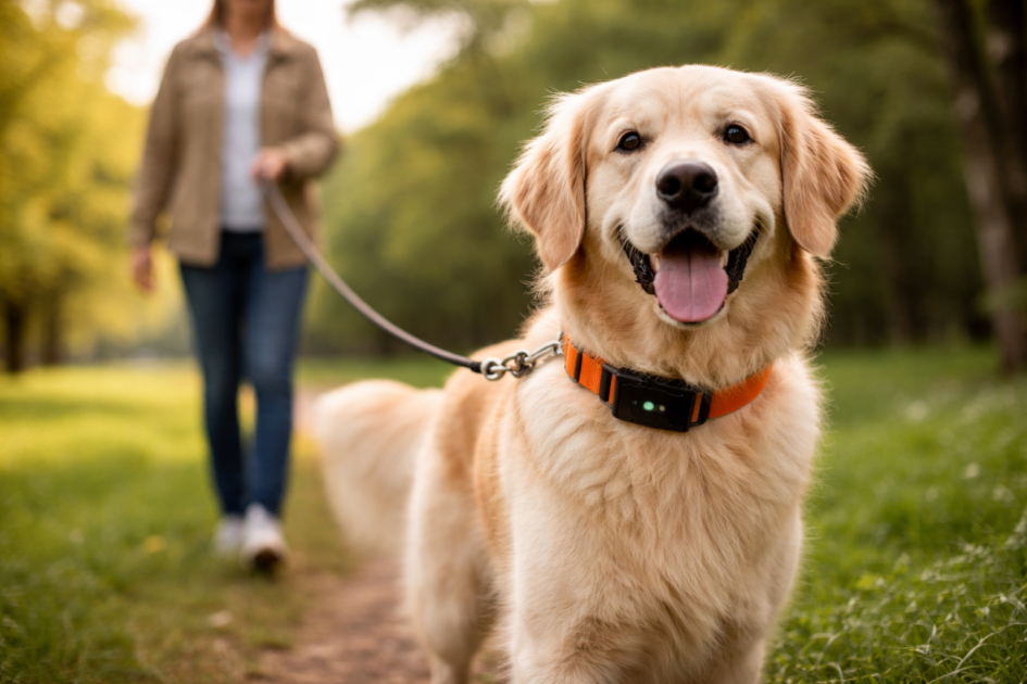 chien adulte portant un collier GPS lors d’une promenade