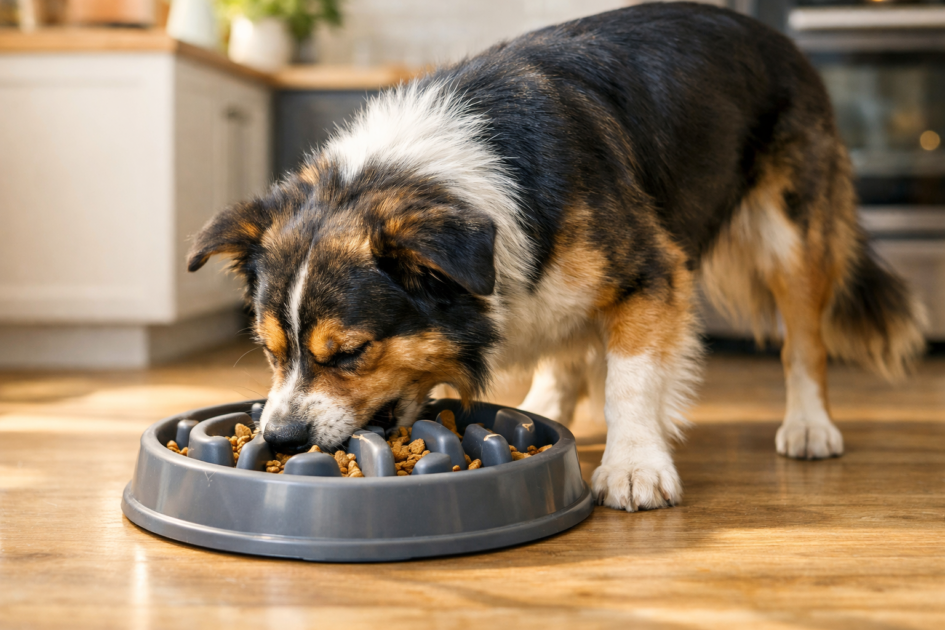 Gamelle anti‑glouton avec reliefs remplie de croquettes, illustrant le guide “quelle gamelle anti‑glouton choisir pour un chien”
